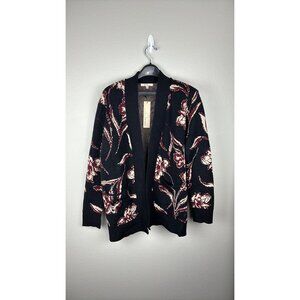 Les Serein - Medium - Navy Floral Open-Front Cardigan With Ribbed Edges